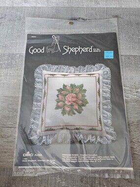 New Vintage GOOD SHEPHERD Counted Cross Stitch Princess Roses Floral Pillow Kit